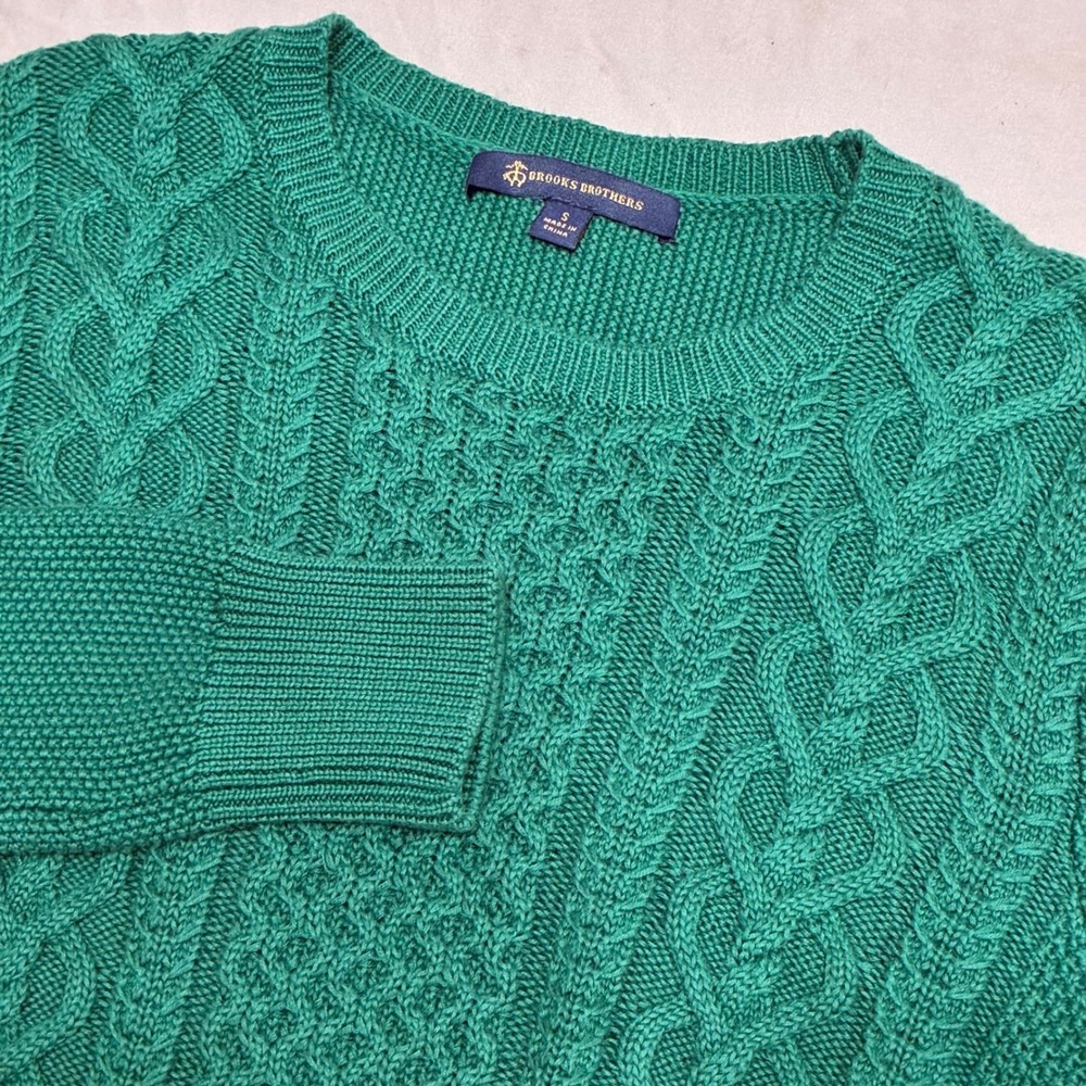 Brooks Brothers Emerald Green Cable Knit Crewneck Sweater Small Pullover